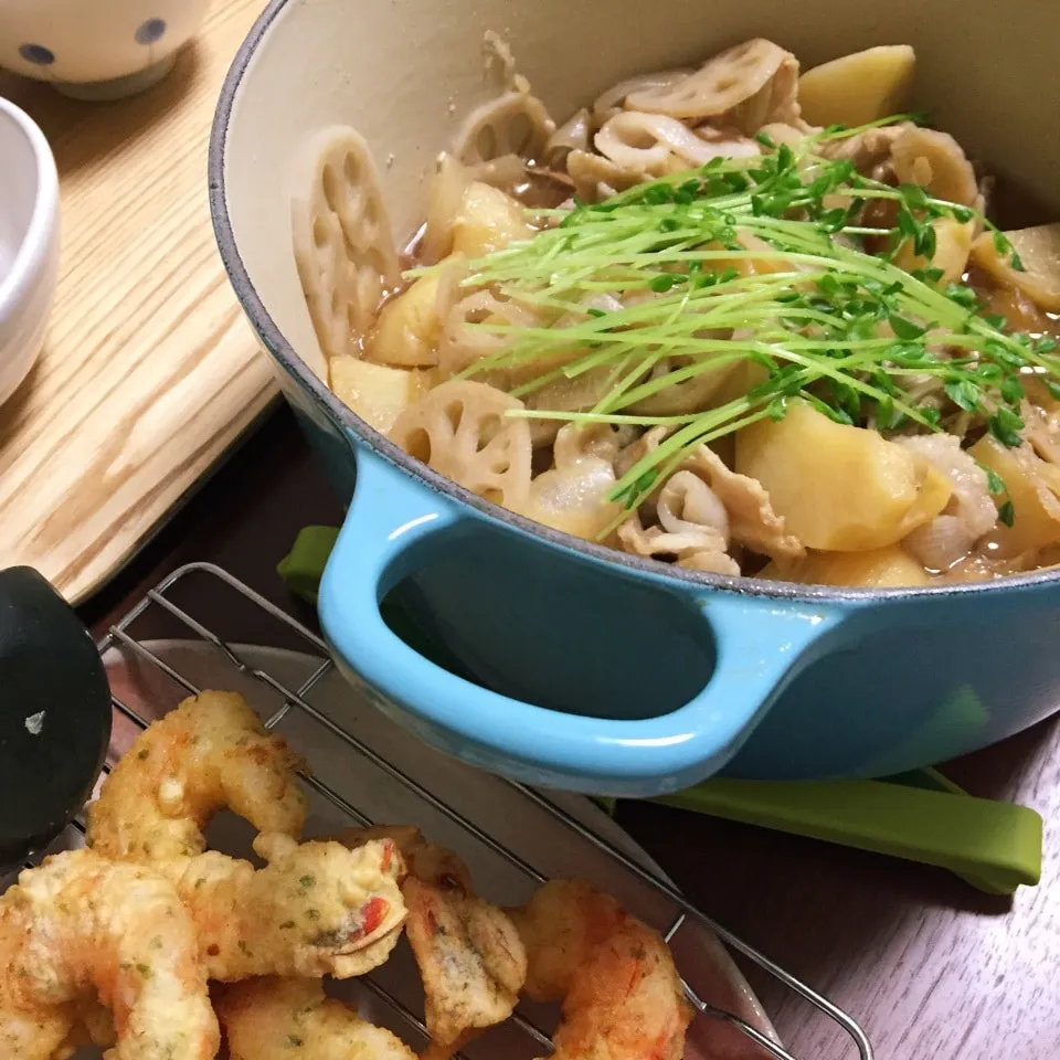 レンコン入り豚肉じゃが&海老天|トトさん