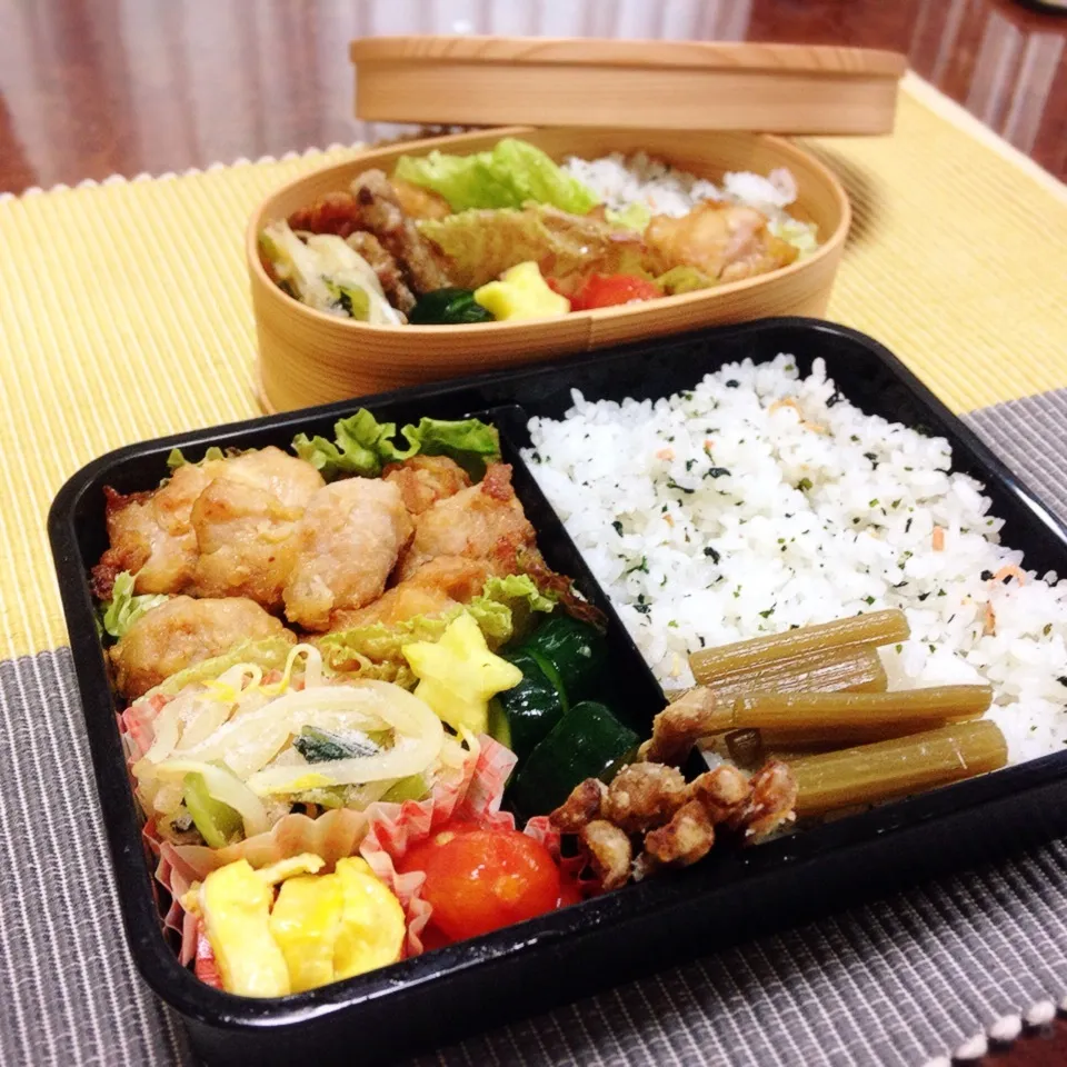 Snapdishの料理写真:今日のお弁当 父と自分用☆唐揚げ|うさかめさん