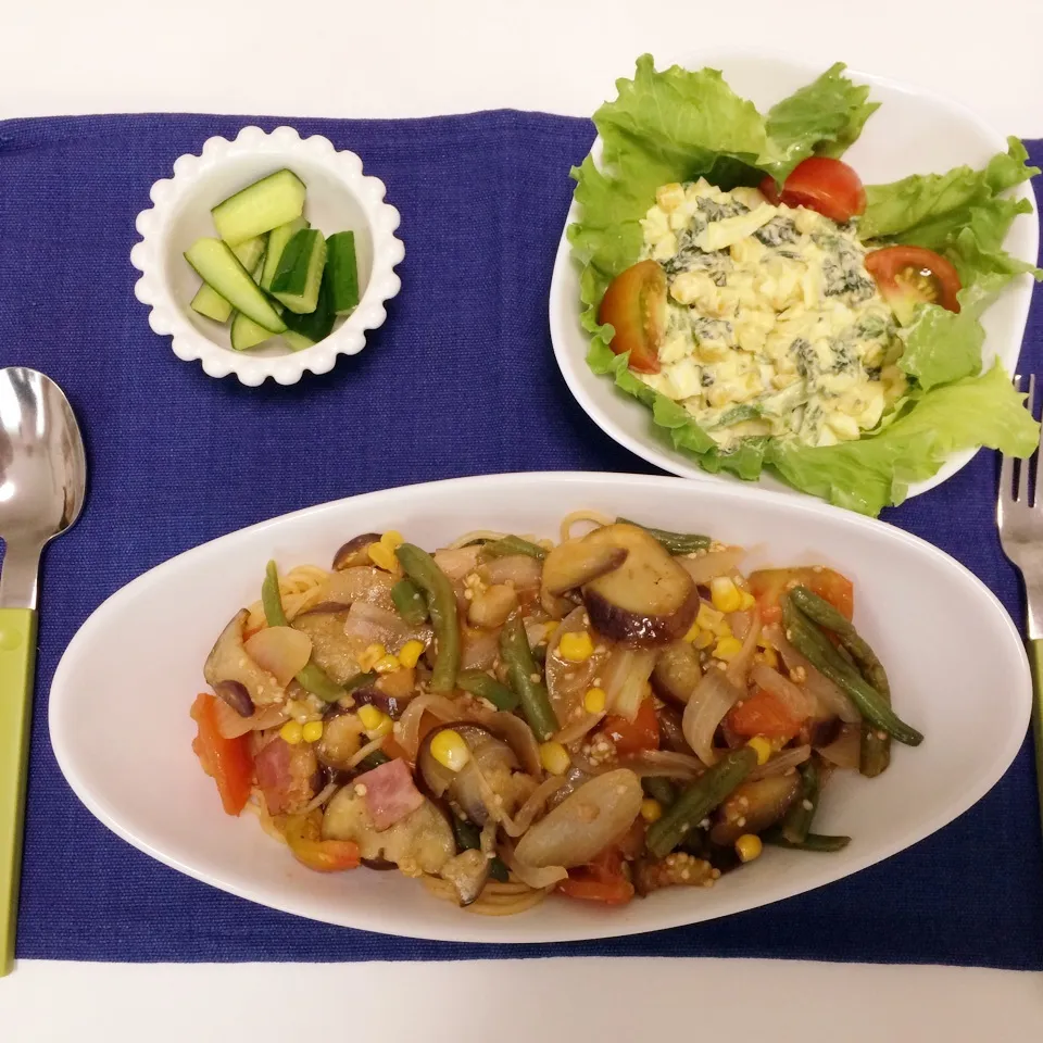 夏休みの宿題🍴①〜夏野菜パスタ、青菜たまごのサラダ〜|riamamaさん