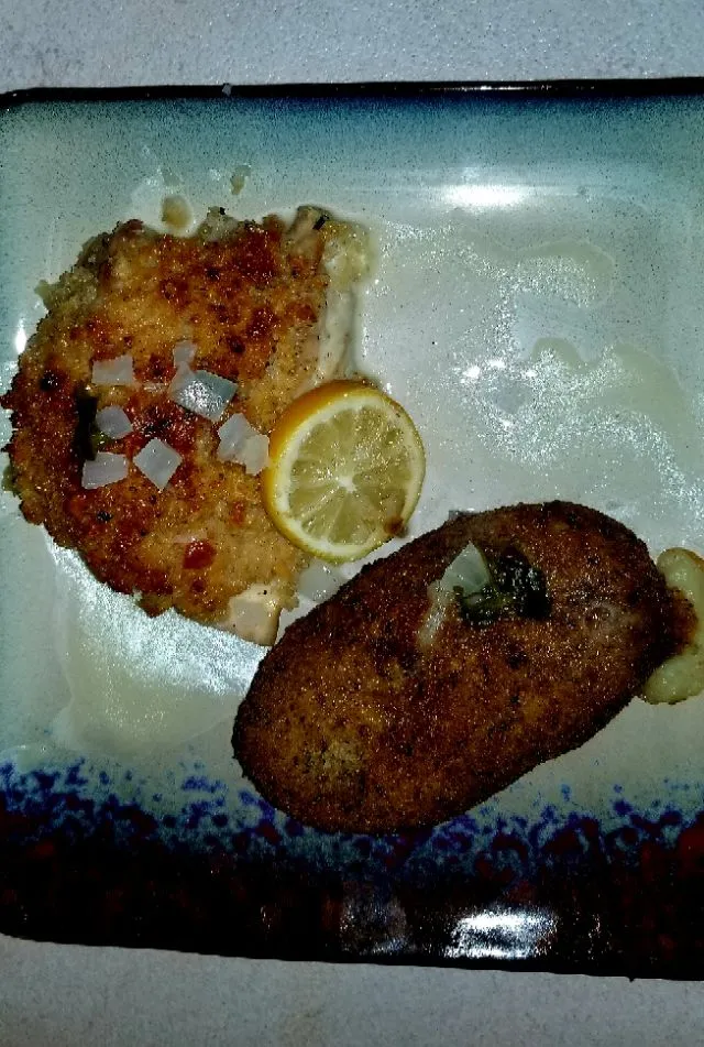 Parmesan Panko topped Baked Striped Bass with potato croquettes. Fish Caught today.|Frank Ortizさん