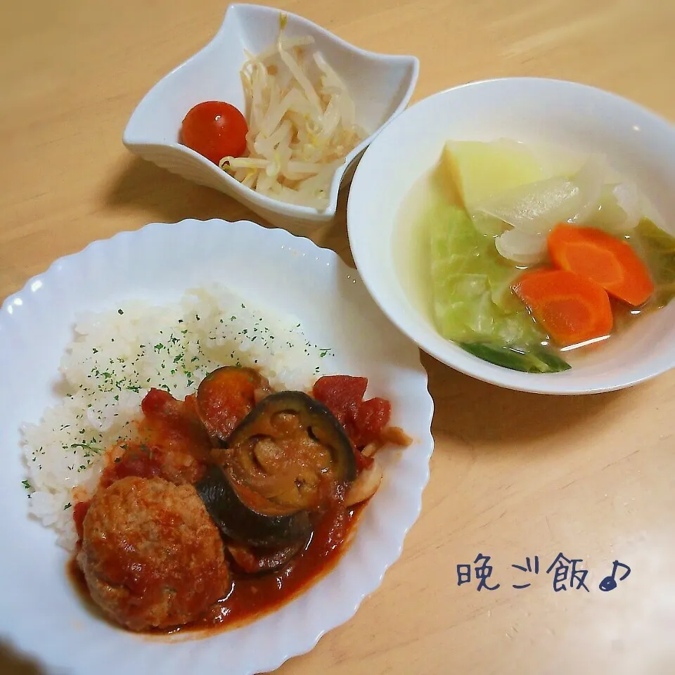 トマト煮ハンバーグで晩ご飯|こむぎさん