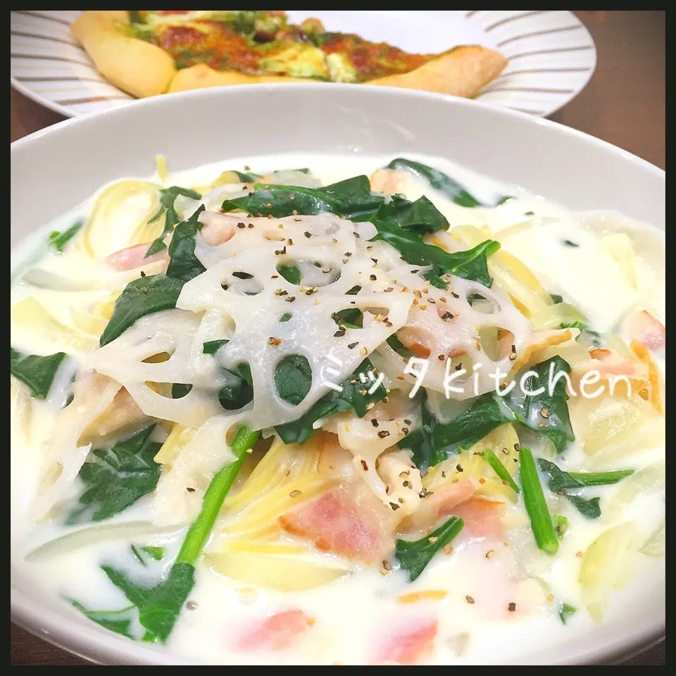 収穫したほうれん草でスープパスタ|ミッタさん