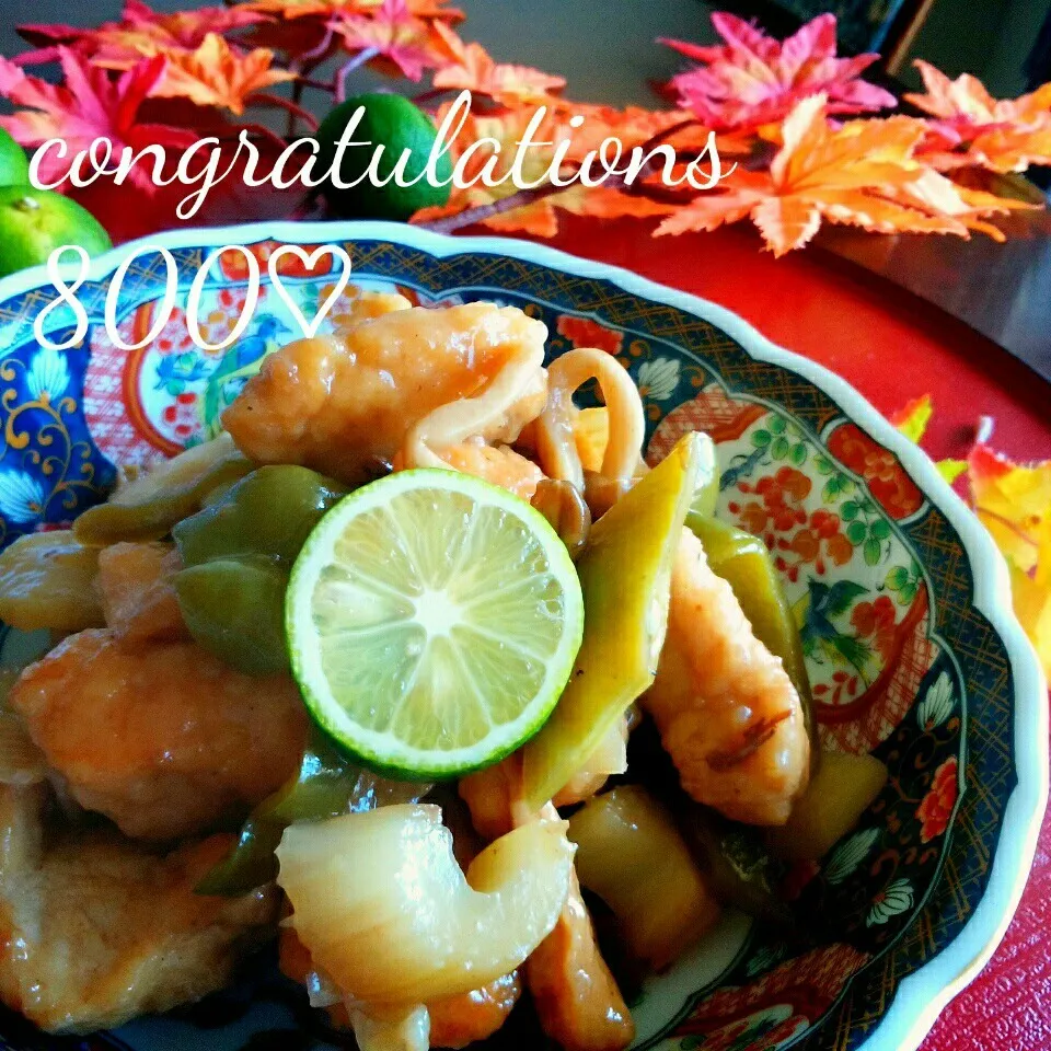 鶏とセロリの黒酢炒めで祝800♡|ぶりさんさん