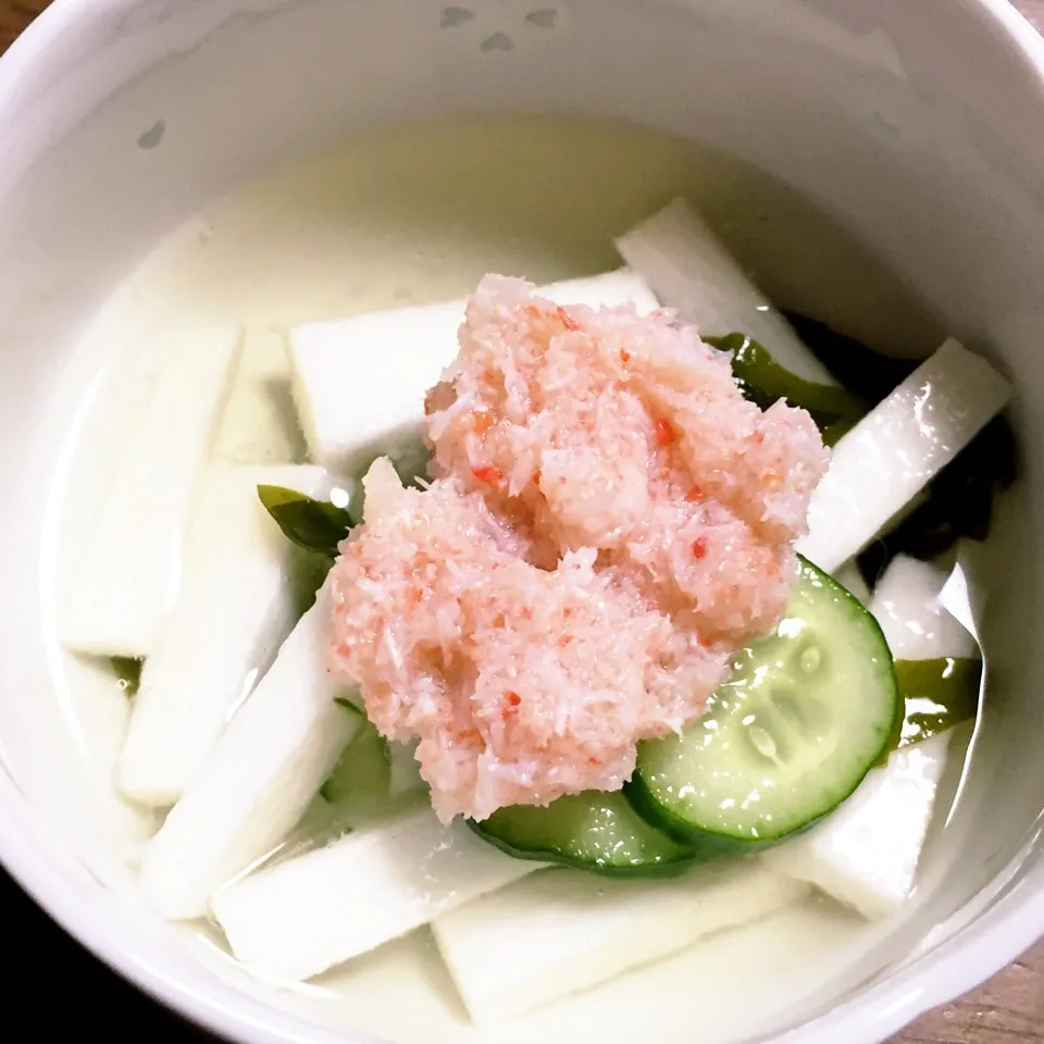 山芋ときゅうりとわかめとカニ缶の酢の物|ひだまり農園さん