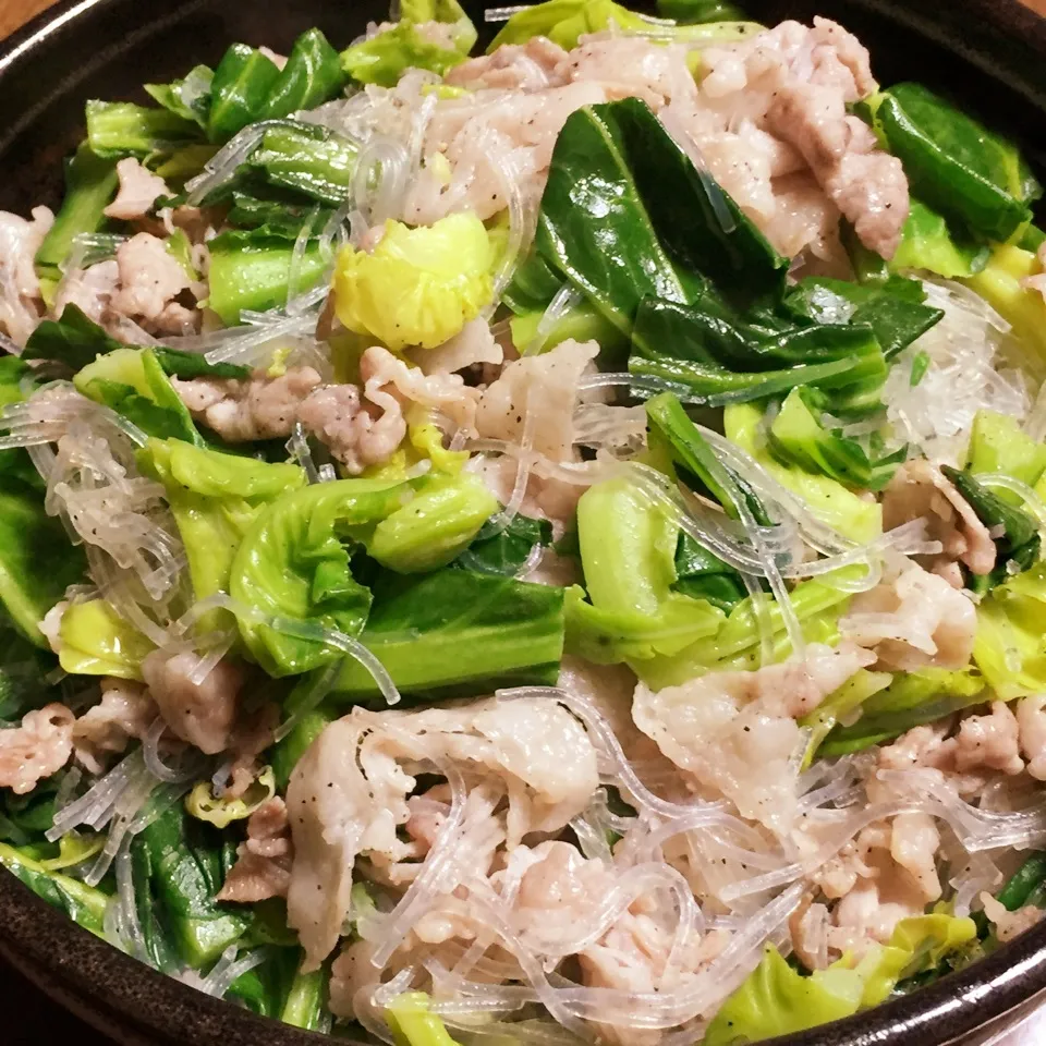 キャベツの脇芽と春雨と豚肉の炒め物|ひだまり農園さん