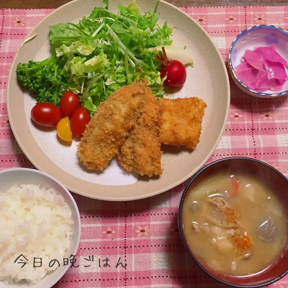 アジとカレイのフライ、豚汁、おうち野菜のサラダ|ひだまり農園さん