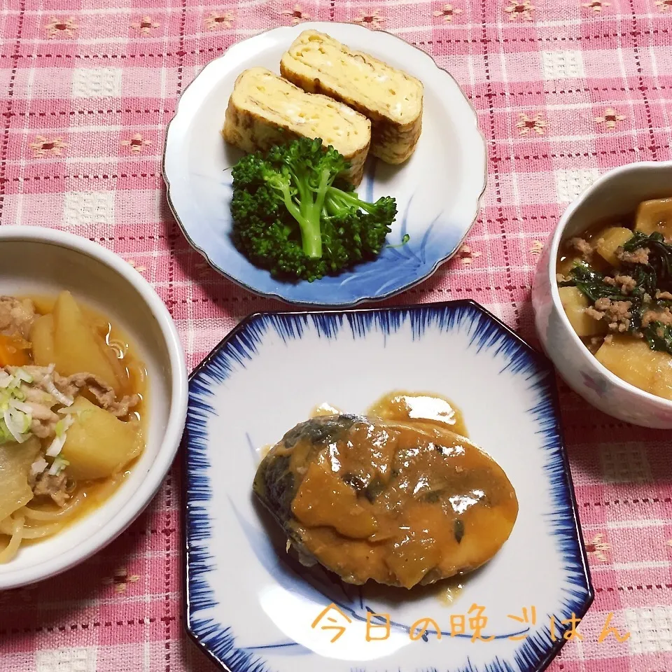 さばの味噌煮、肉じゃが、かぶの挽肉あんかけ、卵焼き|ひだまり農園さん