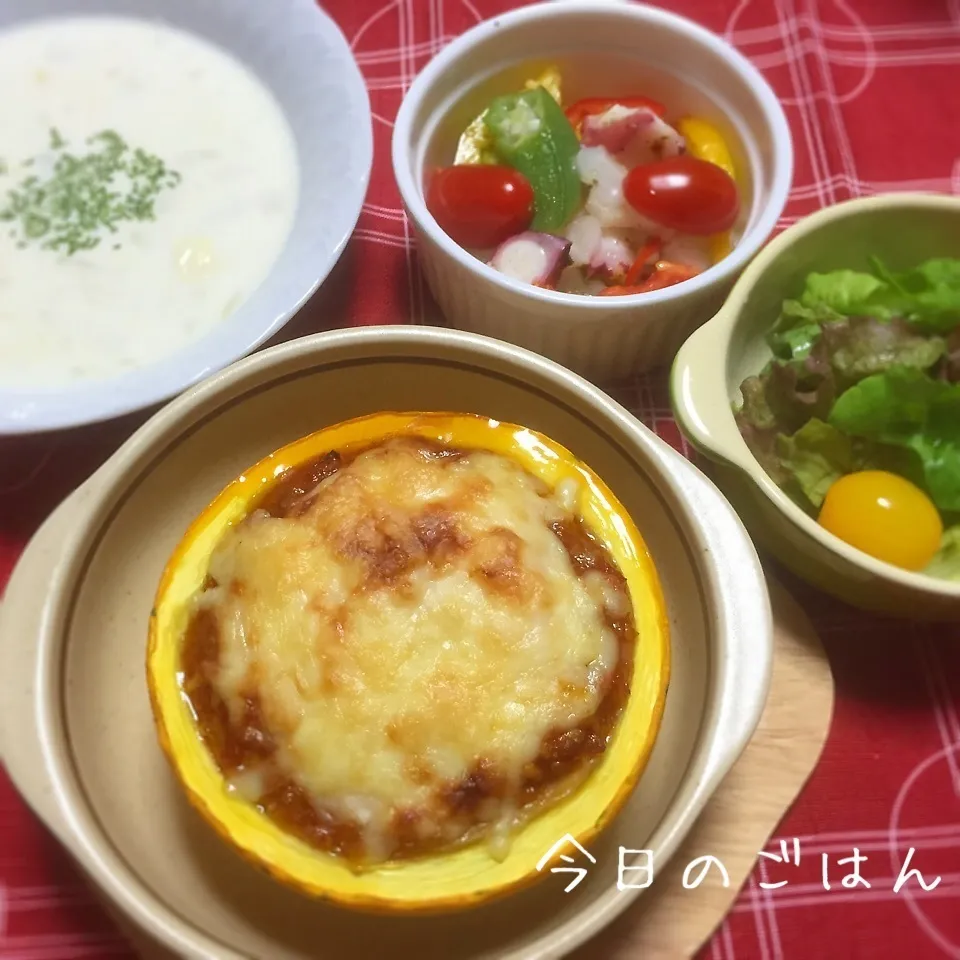 丸型ズッキーニのラザニア、白ゴーヤとタコと夏野菜のマリネ|ひだまり農園さん