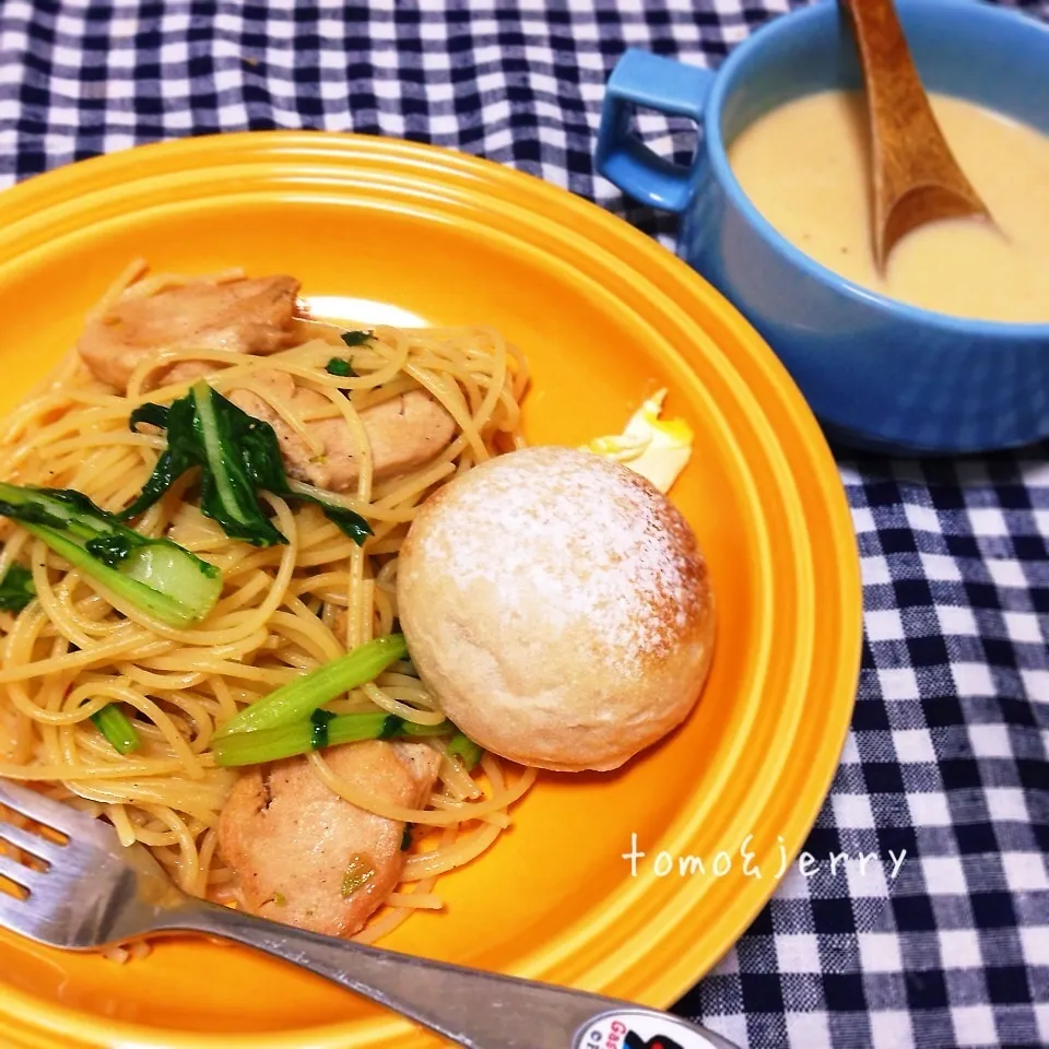 菜の花と胸肉のペペロンチーノと野菜ポタージュ|mugiさん