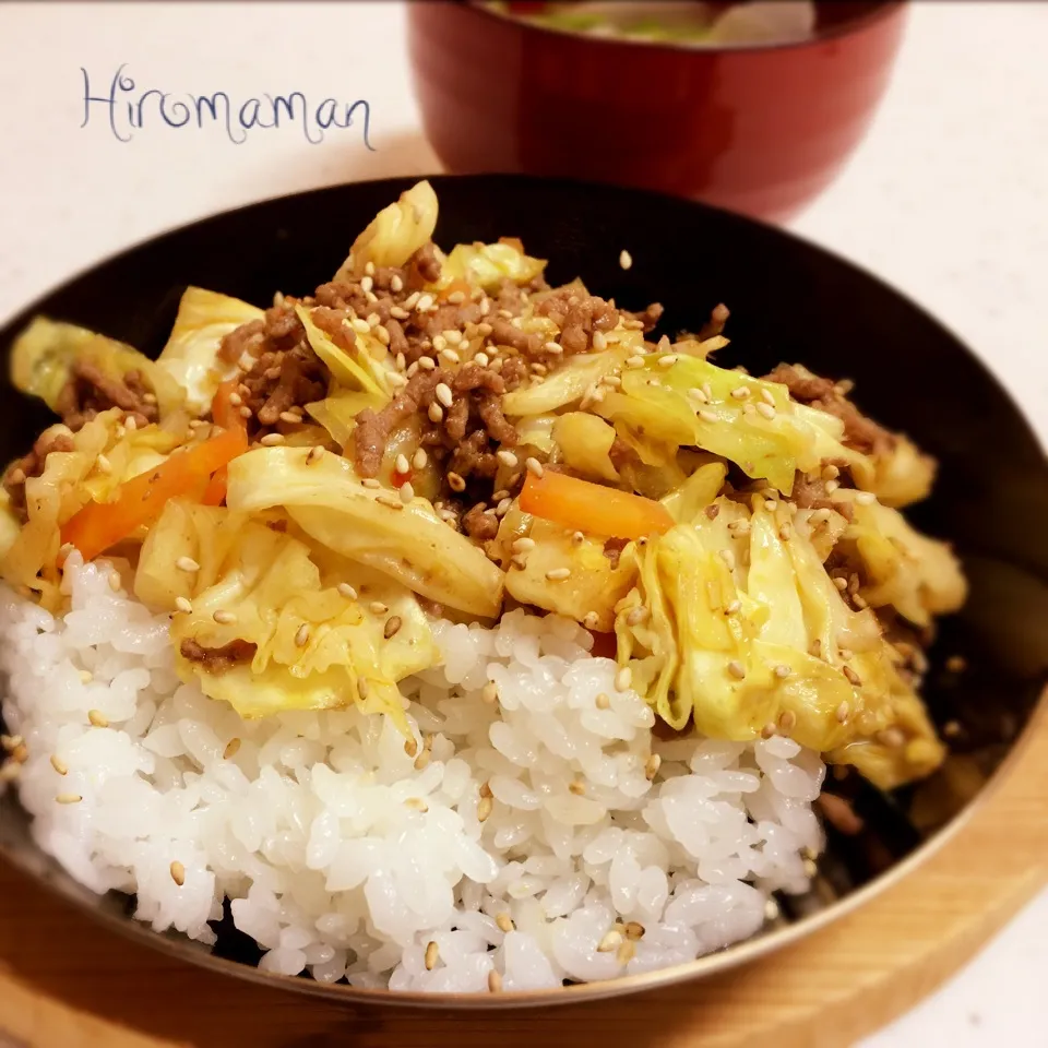 Snapdishの料理写真:かおる♡ひき肉ホイコーロー丼♪|ひろママさん