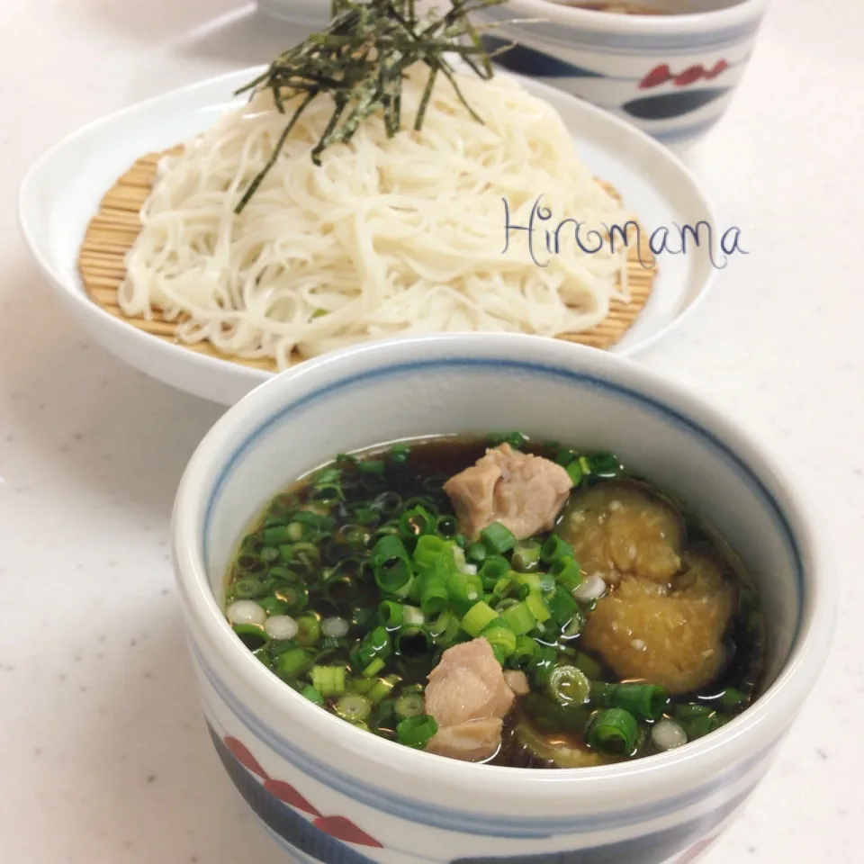 とろとろナスと鶏肉のつけ素麺(oﾟ∀ﾟo)ノ♪|ひろママさん