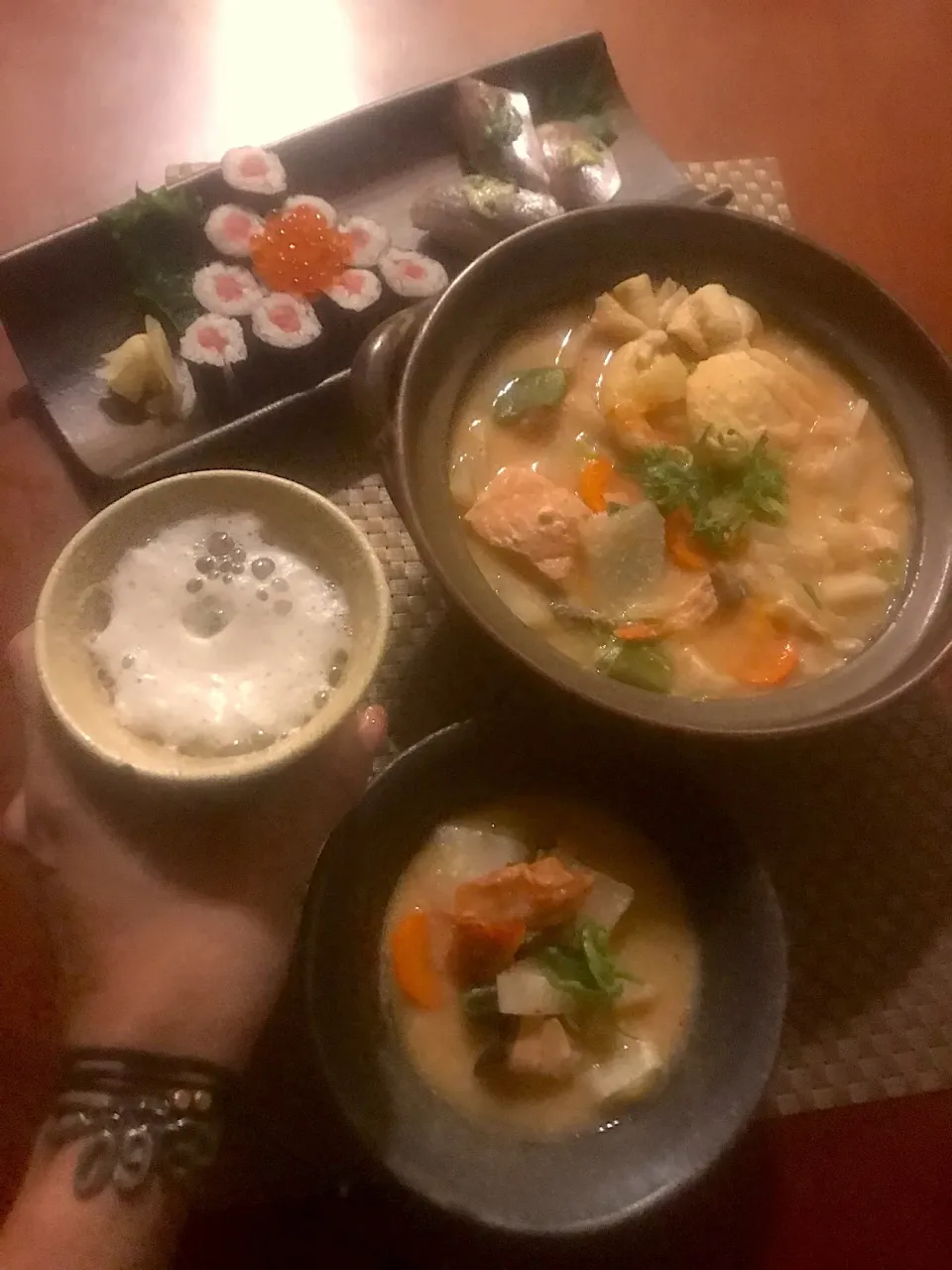 Japanese sake lees soup w/chopped salmon&vegetables🐟三平汁 Sushi🍣鉄火巻&鯵の握り|🌈Ami🍻さん