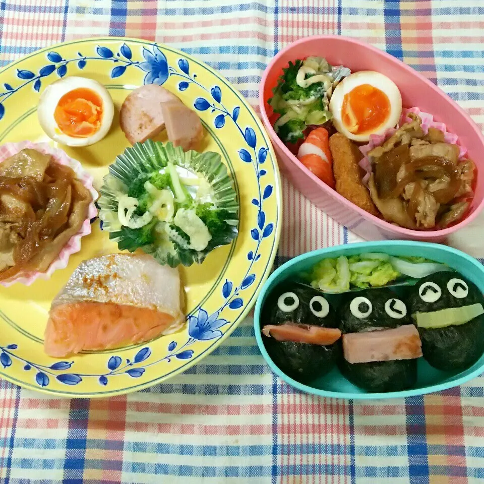 息子の皿めしと娘のパックンおにぎり弁当|まりさん