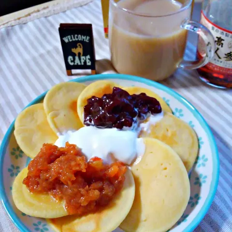 「高麗人参酒」を使ってみたSnapdishの料理・レシピ写真:ほうじ茶ラテの高麗人参酒割り🍵
米粉のミニパンケーキで和風スィーツ💞