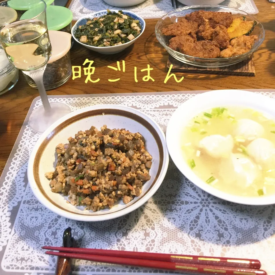 豆腐と根菜の味噌煮、スープ餃子、揚げ物残り、大根葉、常備菜|yakinasuさん