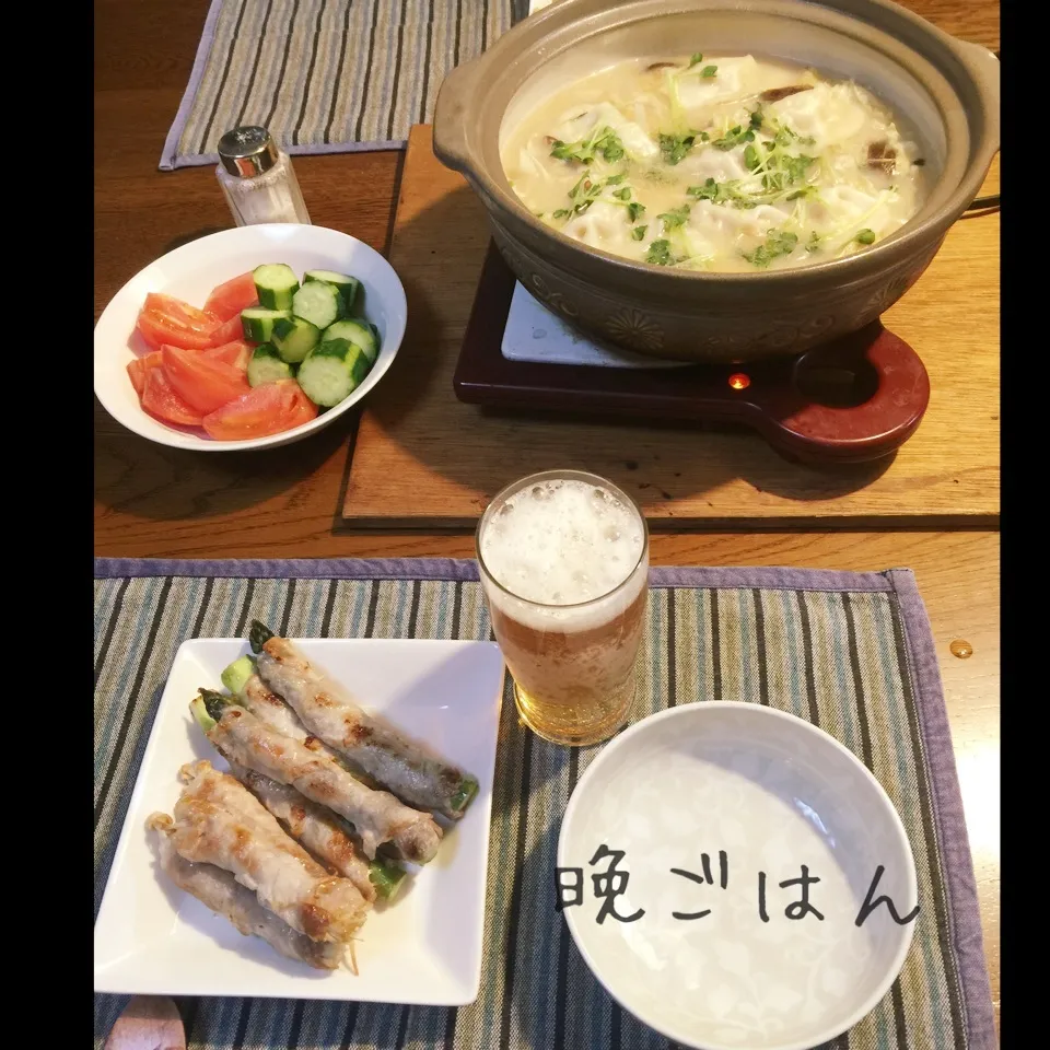 アスパラとエノキ肉巻き、餃子の白湯スープ鍋、トマト胡瓜|yakinasuさん