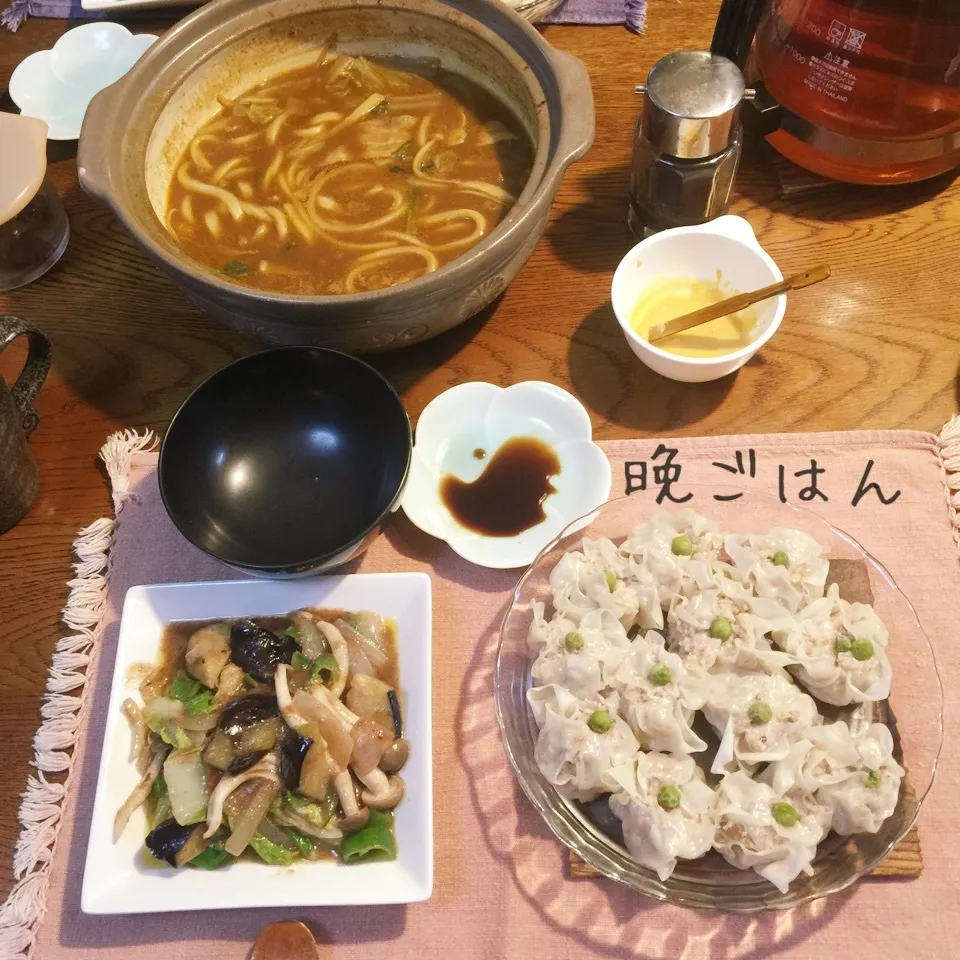 豆腐入りシュウマイ、野菜炒めグレービーソース、カレーうどん|yakinasuさん