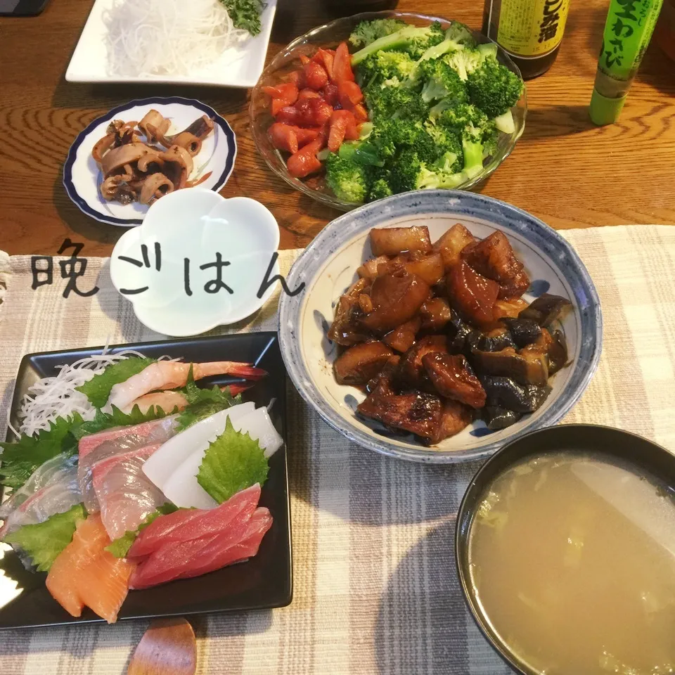 刺身、大根茄子野菜天味噌煮、焼きスルメ、ブロッコリーウインナ|yakinasuさん