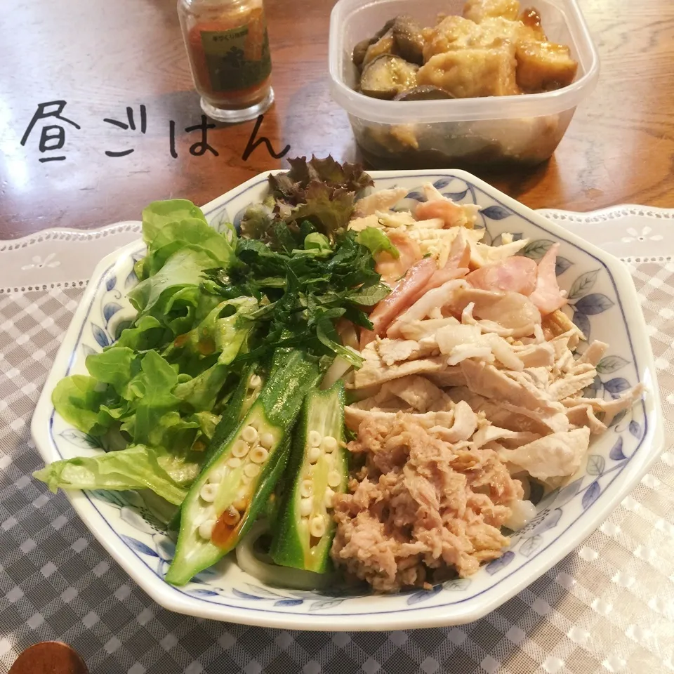 サラダうどん、茄子と厚揚げ照り煮|yakinasuさん