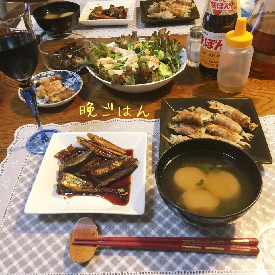 新さんま圧力鍋煮、シソキャベモヤシ肉巻き、サラダ、清汁|yakinasuさん