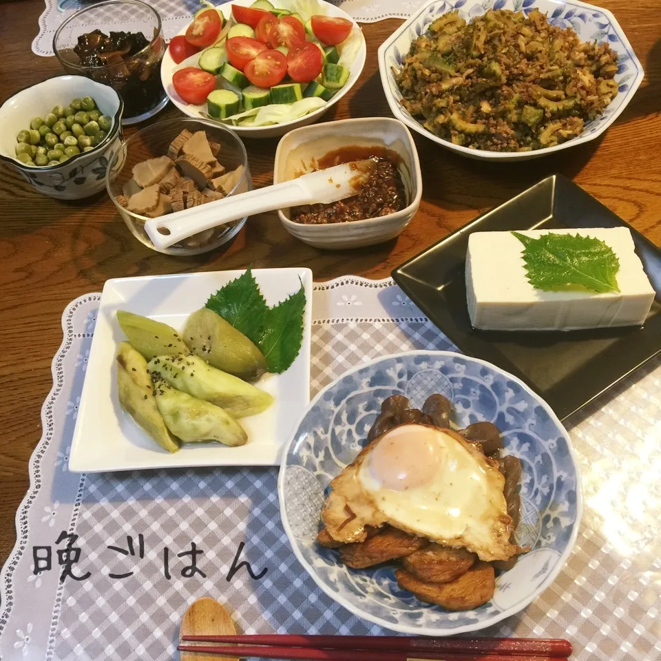 茄子ダシ漬け、ゴーヤと挽肉佃煮、肉味噌豆腐、蒟蒻野菜天卵煮物|yakinasuさん