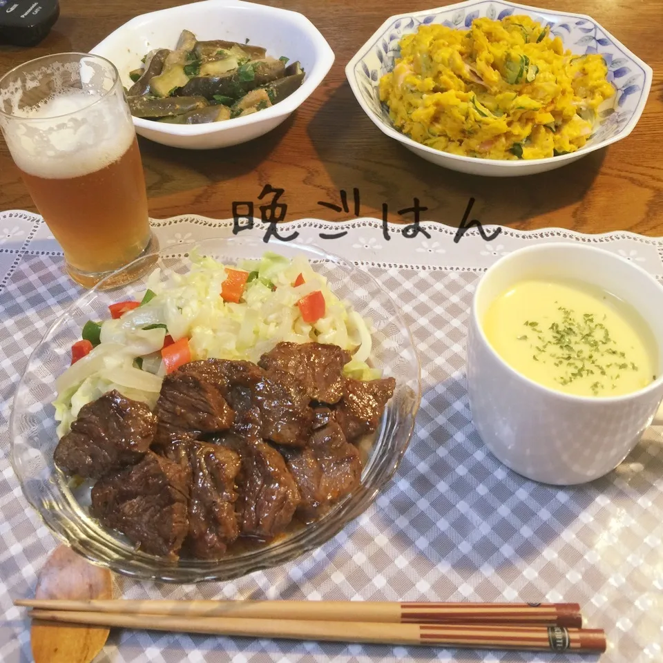 ハラミ焼肉、野菜炒め、南瓜サラダ、茄子大葉胡麻ポン、スープ|yakinasuさん