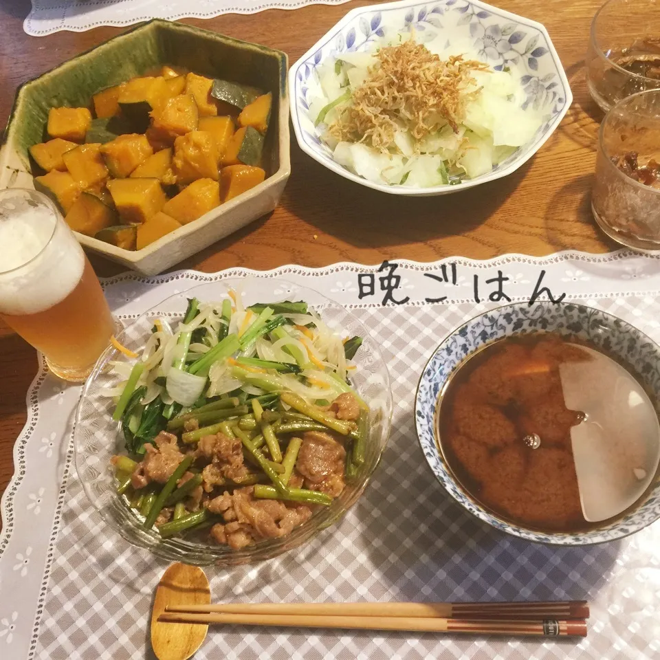 Snapdishの料理写真:牛カルビとニンニクの芽、野菜炒め、南瓜煮物、冬瓜大葉ジャコ|yakinasuさん