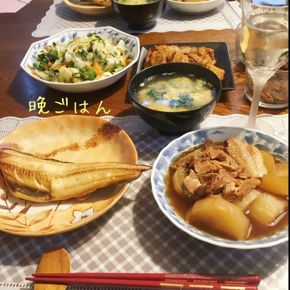 大根豚バラ肉煮込み、ホッケ、キャベツ紫蘇胡麻ポン、牛蒡天焼|yakinasuさん