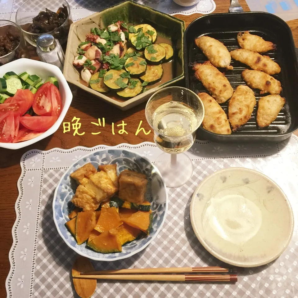 Snapdishの料理写真:蛸とズッキーニガリポン、鯵フリッター、干し南瓜厚揚げ煮物|yakinasuさん