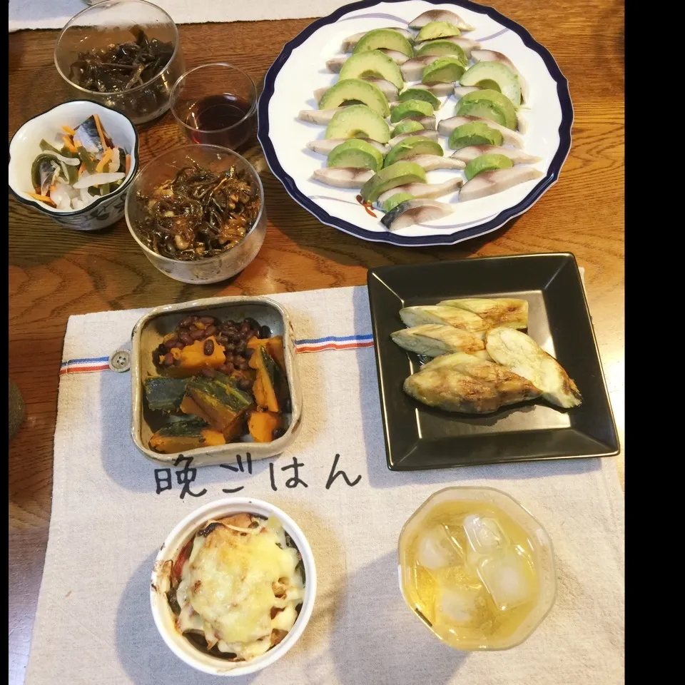 Snapdishの料理写真:アボカドシメ鯖レモン醤油、いとこ煮、焼きなす、厚揚げ味噌マヨ|yakinasuさん