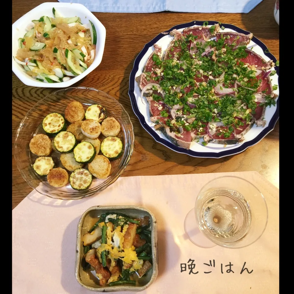 鰹のタタキ、長芋とズッキーニ柚子胡椒焼き、十六ささげ玉子とじ|yakinasuさん