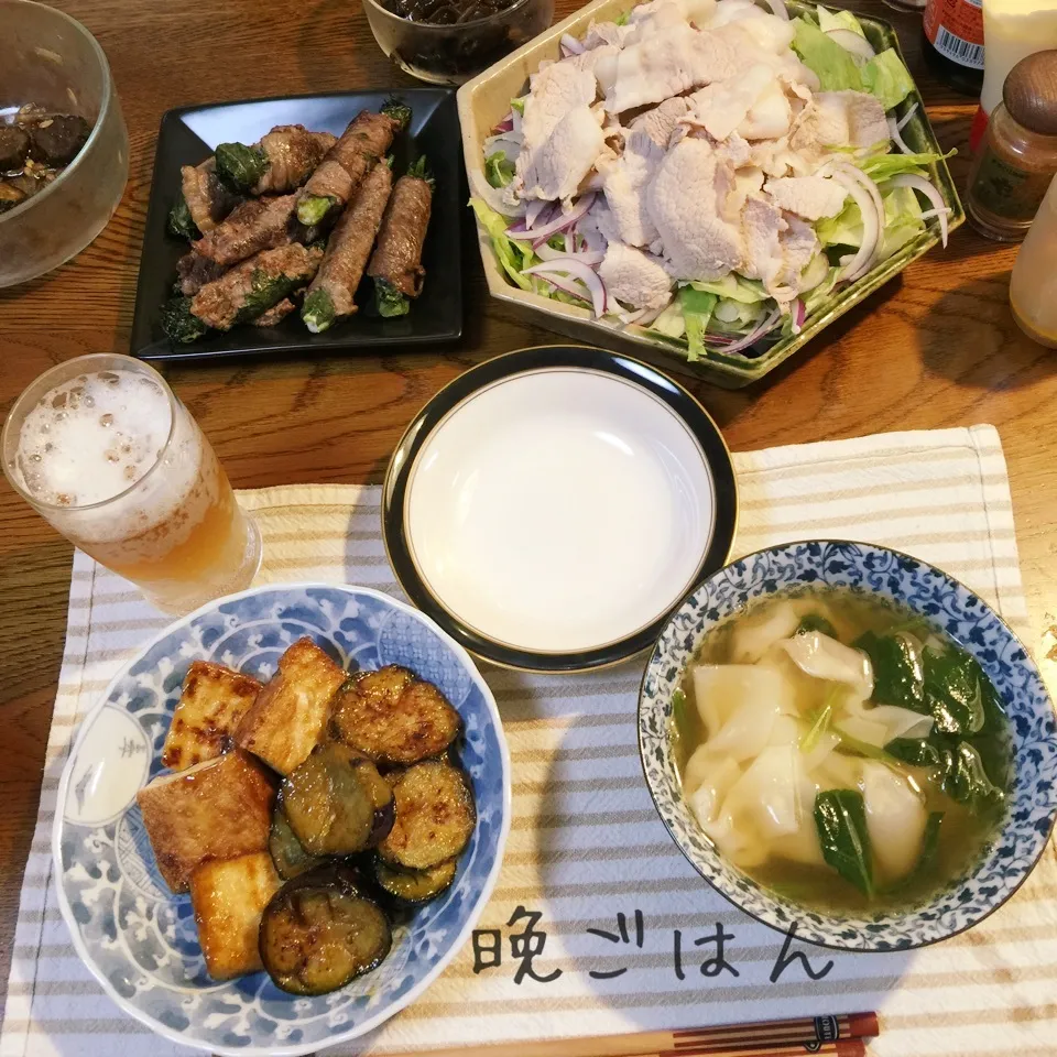 おくらとささげの牛肉巻き、豚しゃぶサラダ、厚揚げ茄子照煮、|yakinasuさん