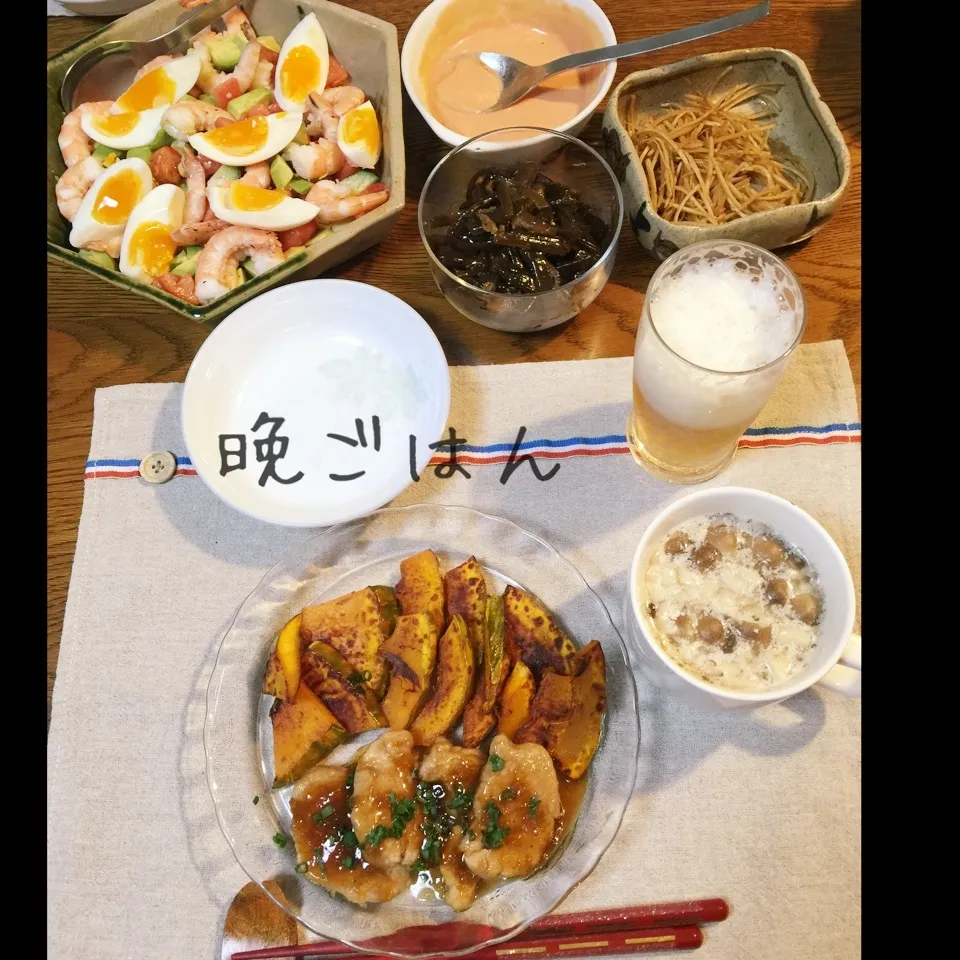 Snapdishの料理写真:豚ひれソテー、エビアボカドサラダ、しめじスープ、焼き南瓜|yakinasuさん