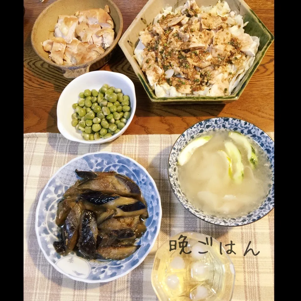 ヨダレ鶏、パリパリ鶏、茄子オカカ煮、ワンタンスープ、塩豌豆|yakinasuさん