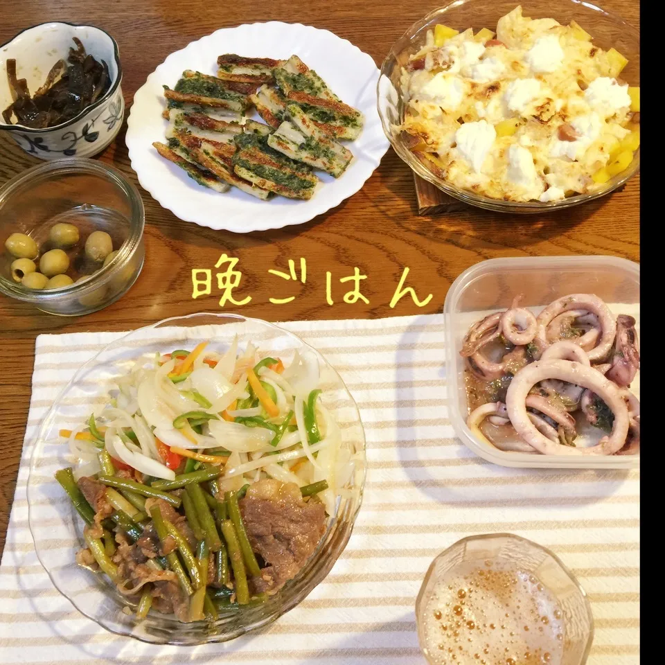 カルビ焼肉、野菜炒め、竹輪磯辺揚げ焼き、ポテトマヨチーズ焼き|yakinasuさん