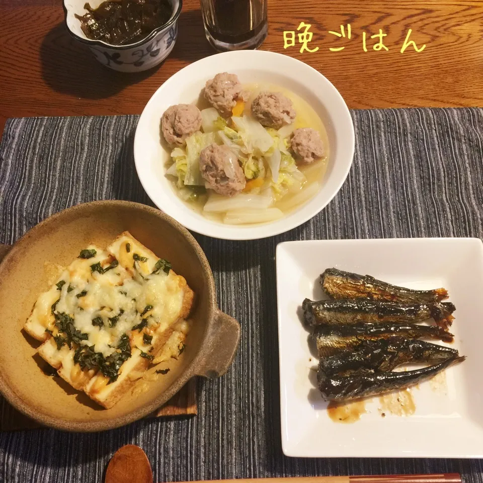 白菜と肉団子スープ煮、厚揚げ明太マヨチーズ焼き、鰯甘露煮|yakinasuさん