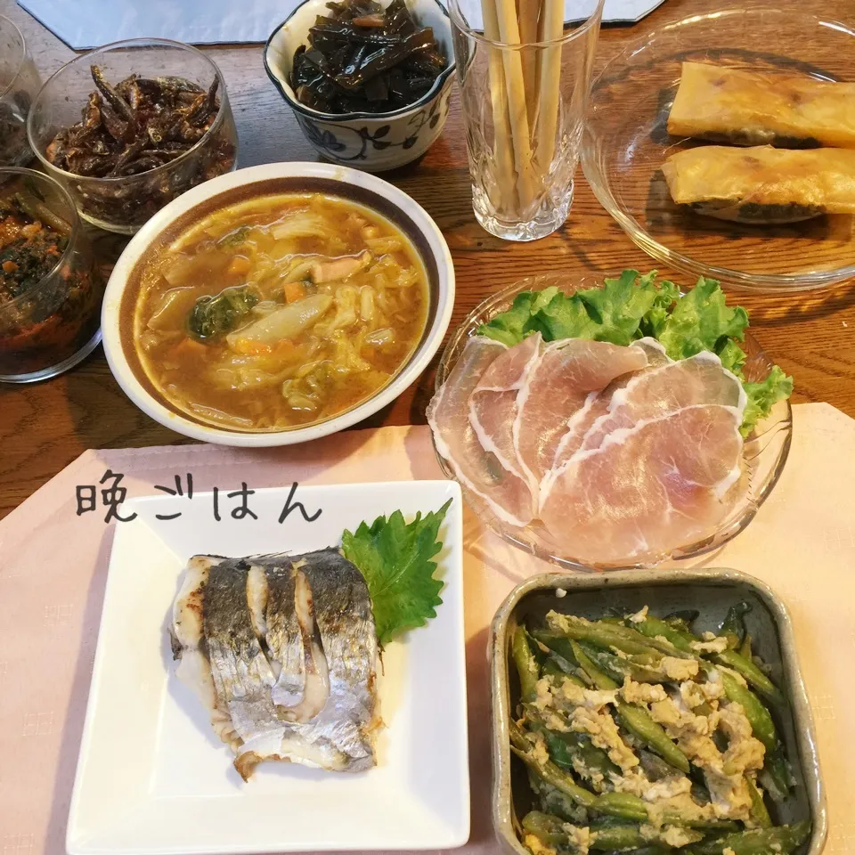 サゴシ塩焼き、さやいんげんの玉子とじ、生ハム、残り物、常備菜|yakinasuさん