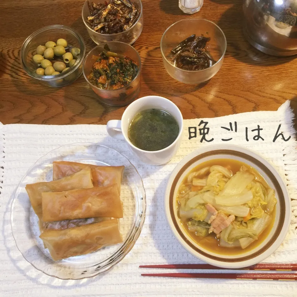 鶏胸肉とモヤシの春巻き、白菜とベーコンのカレー煮込み、スープ|yakinasuさん