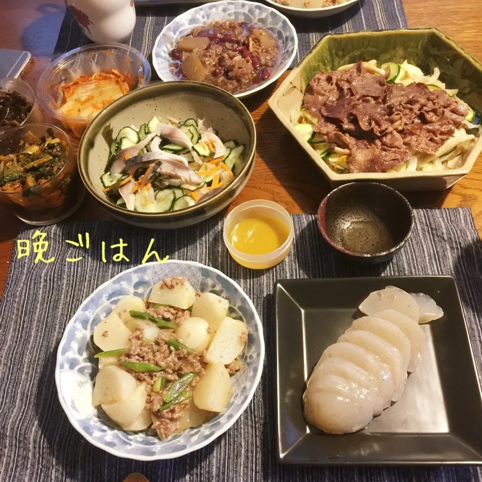 野菜炒め牛タン焼き、しめ鯖酢の物、かぶのひき肉餡、残り物|yakinasuさん