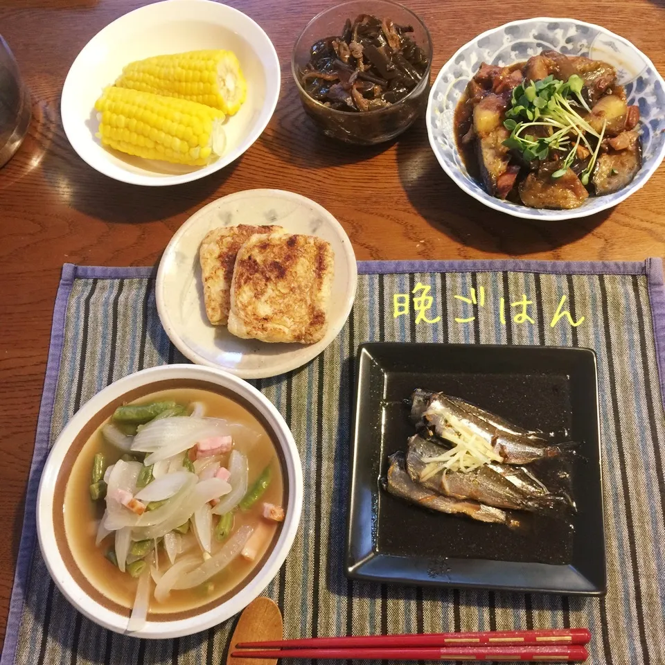 小イワシ煮付け、玉ねぎインゲンベーコンスープ煮、茄子味噌煮|yakinasuさん