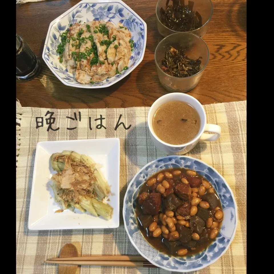 豚ロース大豆蒟蒻味噌煮、里芋梅おかか、焼き茄子、スープ|yakinasuさん