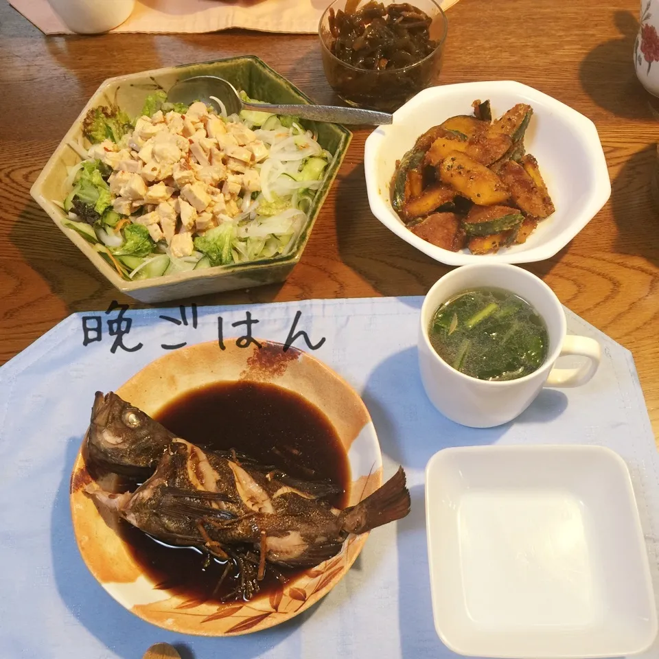 メバル煮付け、南瓜甘辛酢煮、鶏胸肉スイチリポンマヨサラダ、|yakinasuさん