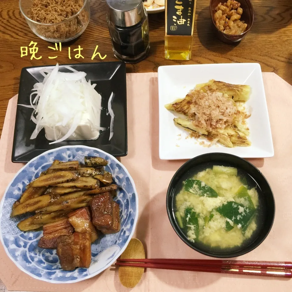 豚バラ牛蒡の煮物、焼きナス、冷奴、ブロッコリーマヨチーズ、|yakinasuさん