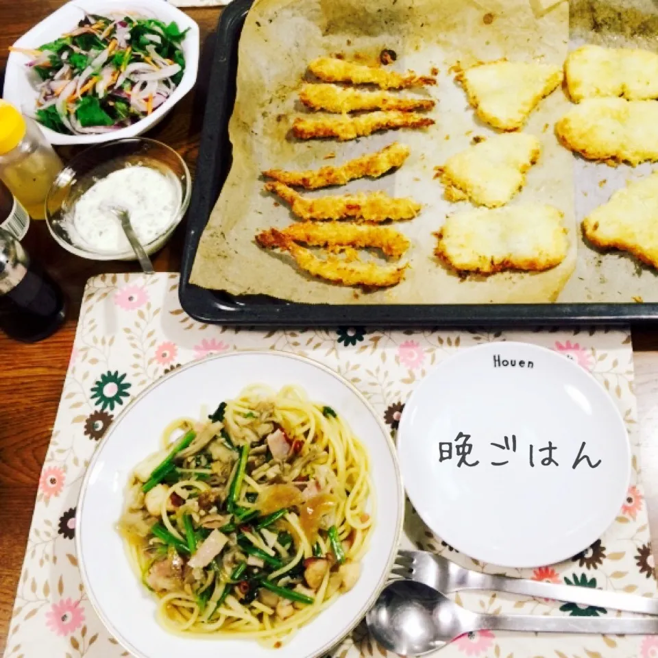 Snapdishの料理写真:カジキ、海老フライ、ほうれん草と舞茸ベーコンペペロンチーノ|yakinasuさん