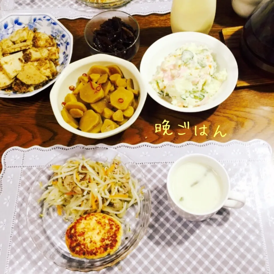 サーモンバーグ、野菜炒め、ポテトサラダ、野菜スープ常備菜|yakinasuさん