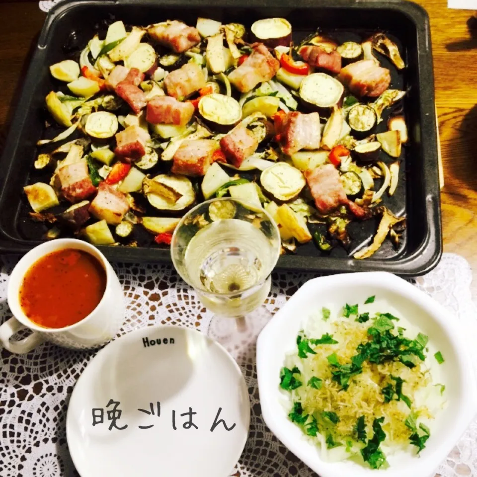 豚バラと野菜オーブン焼き、大根カチリサラダ、ミネストローネ|yakinasuさん