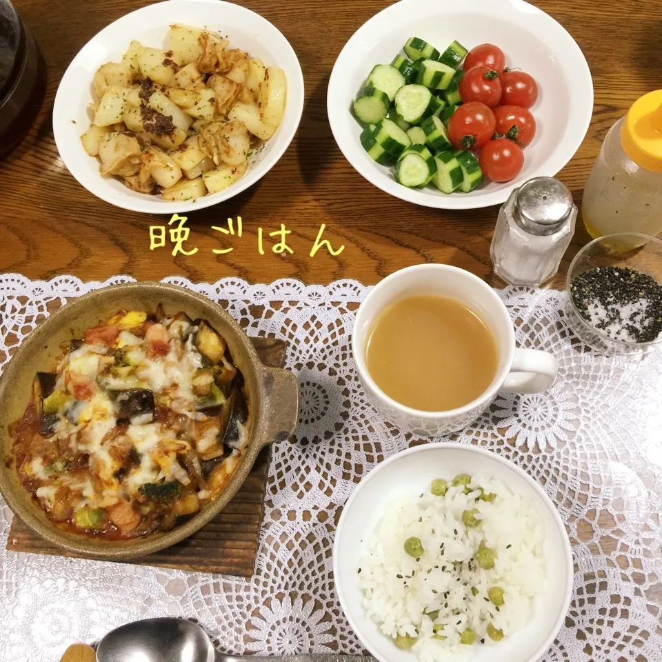 豆ごはん、茄子ベーブロッコリーグラタン、ホタテポテトガリバタ|yakinasuさん