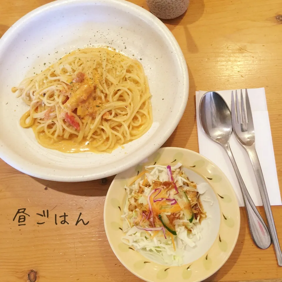 Snapdishの料理写真:蟹のトマトクリームパスタ、サラダ|yakinasuさん