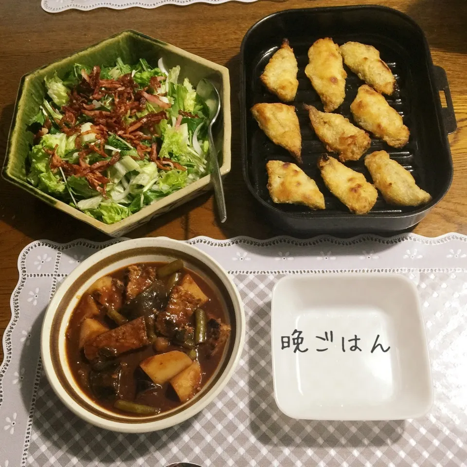 Snapdishの料理写真:豚ロース赤ワイン煮、小鯵フリッター、カリカリベーコンサラダ|yakinasuさん