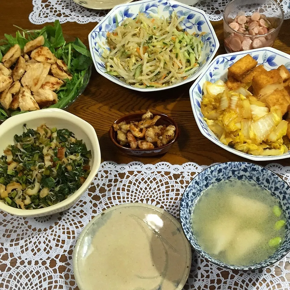 鶏胸肉のマヨ醤油焼き、白菜厚揚げ煮物、もやしゴマポン和え、|yakinasuさん